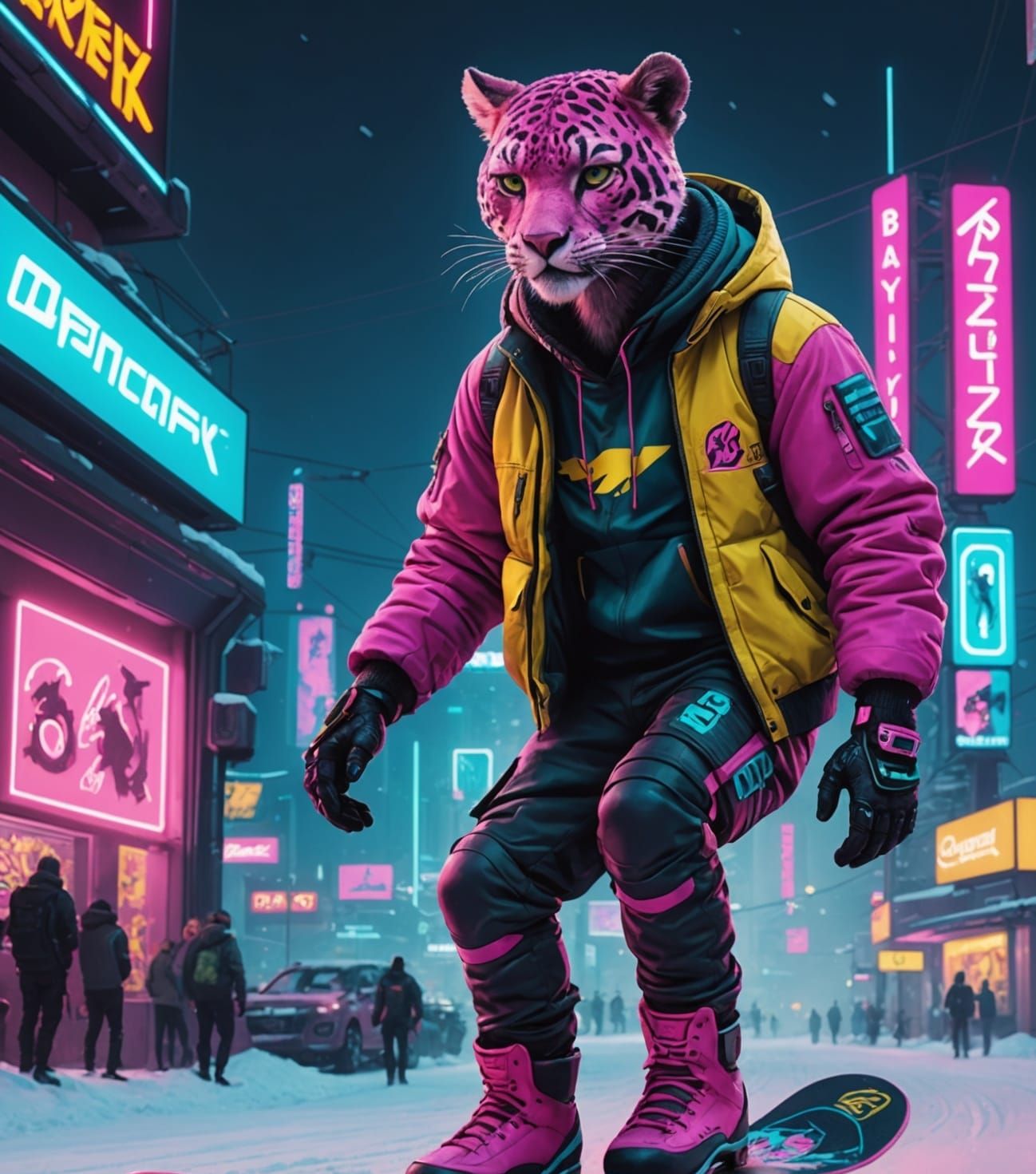 Cyberpunk Pink Panther Snowboarding in Neon City