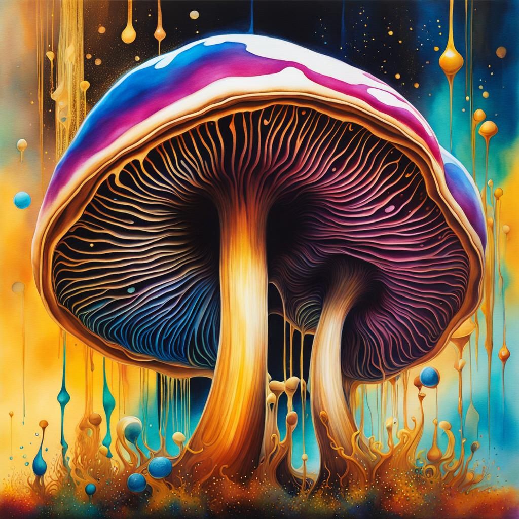 Surreal Double Exposure Mushroom with Watercolor Splash