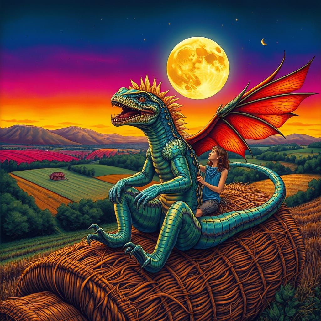 Psychedelic Reptilian Creature on Hayride, Vibrant Art