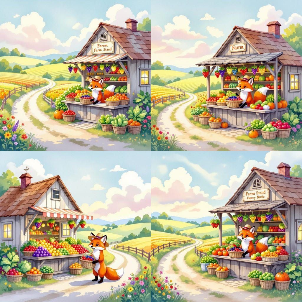Enchanted Farm Stand with Fox in Watercolor Style