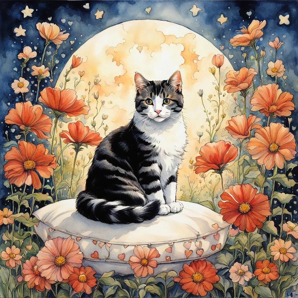 Cute Cat Surrounded by Flowers, Erotic Illustration Style