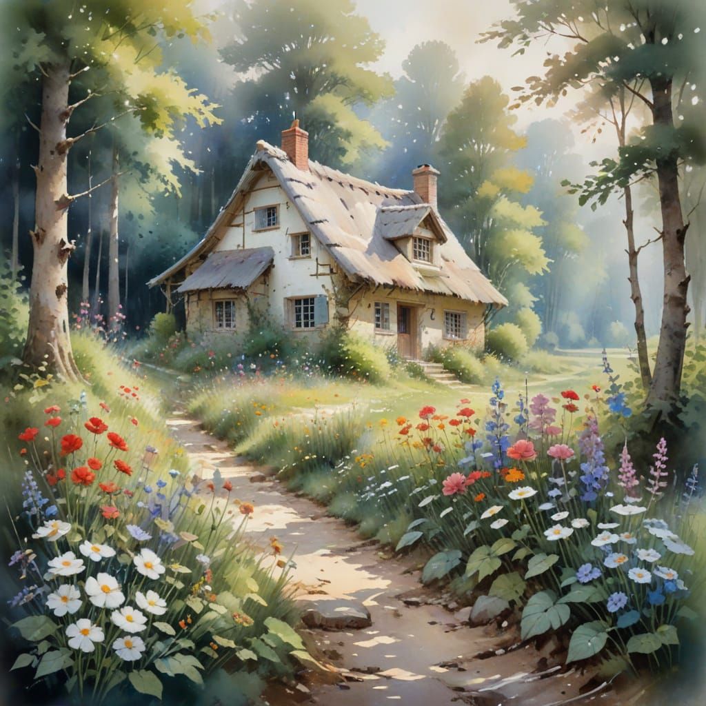 Watercolor Cottage in Wildflower Forest, Expressive and Ethe...