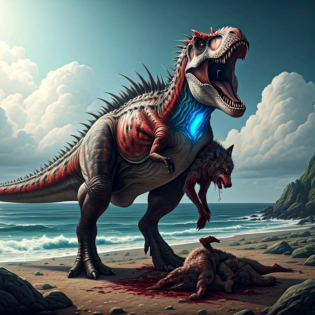 Mutated T-Rex Roars on Rocky Beach in Matte Painting