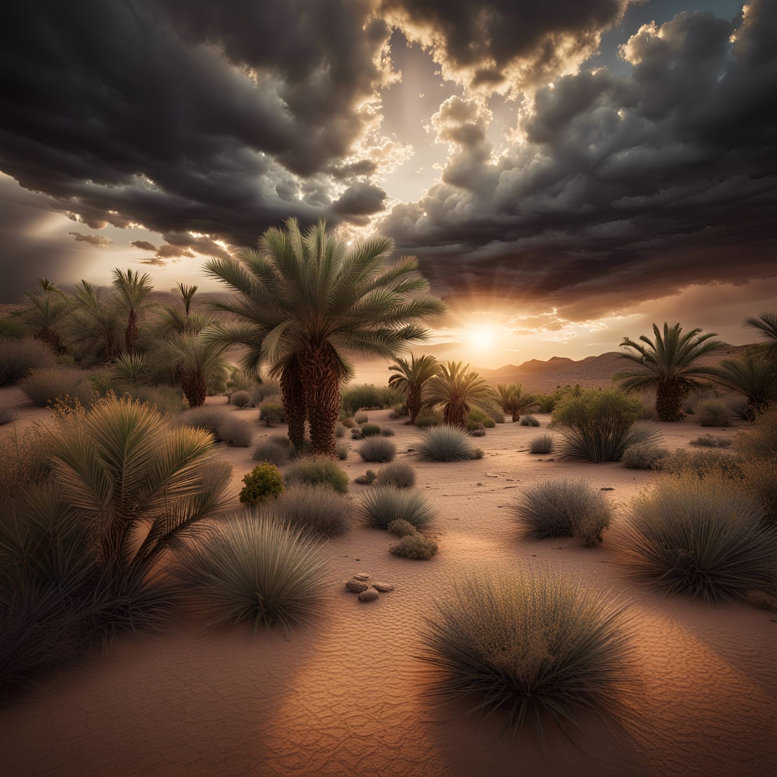 Desert Oasis at Sunset in Hyperrealistic Style