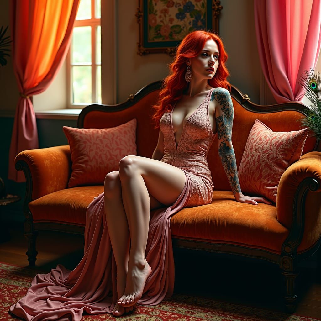 Elegant Tattooed Redhead in Art Nouveau Boudoir