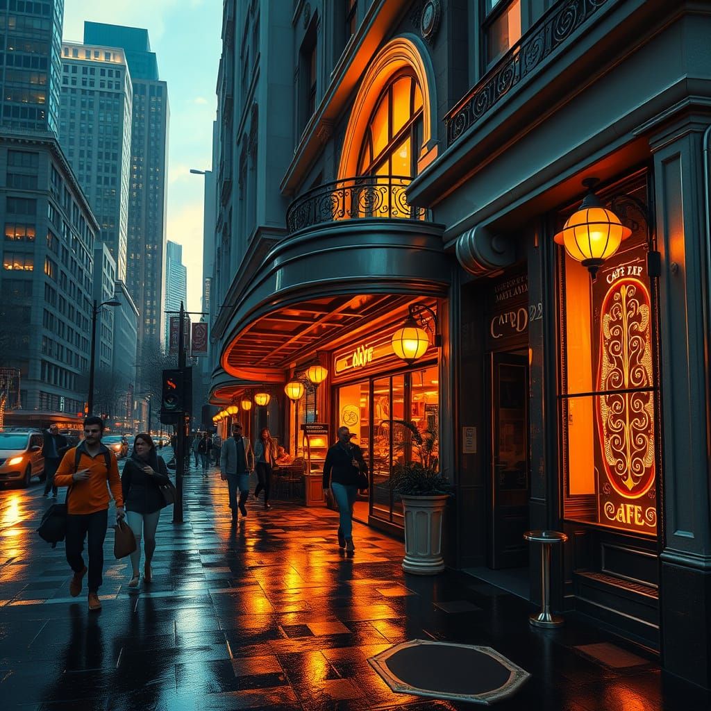 City Café Dawn, Art Nouveau Meets Futuristic Elegance