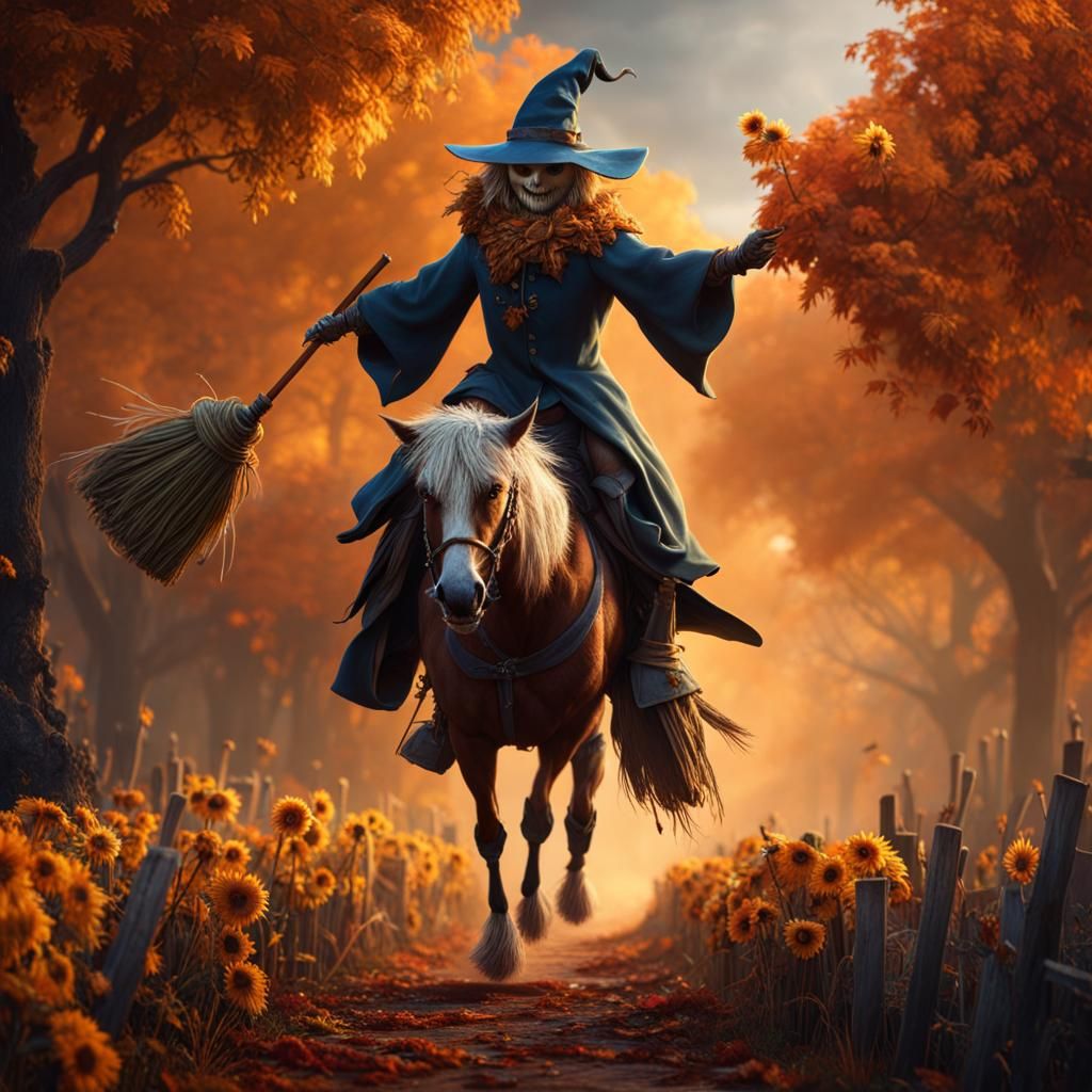 Fantastical Scarecrow Rides Broom in Detailed Matte Painting