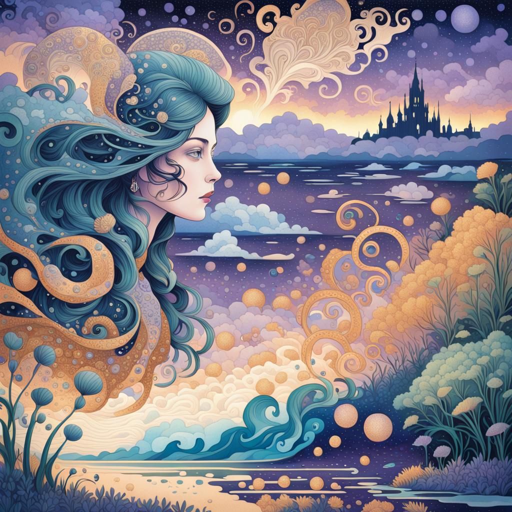 Eldritch Twilight: Woman in a Kaleidoscopic Landscape