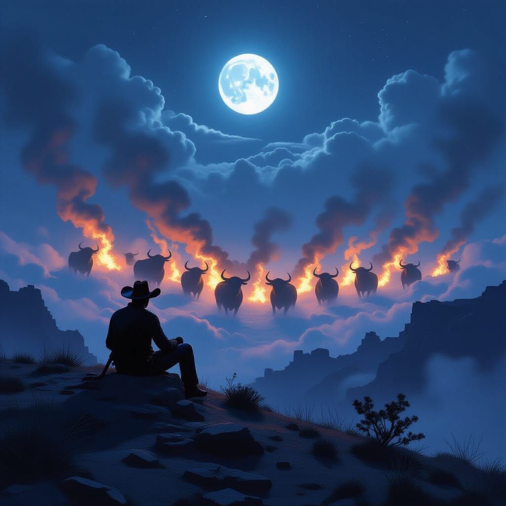 Cowboy Silhouette Against Cosmic Bull Herd