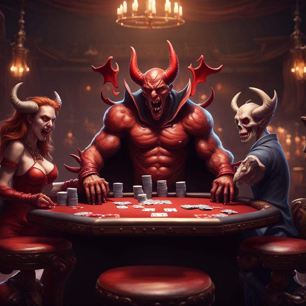 Cartoon Devils Gamble in a Poker Game