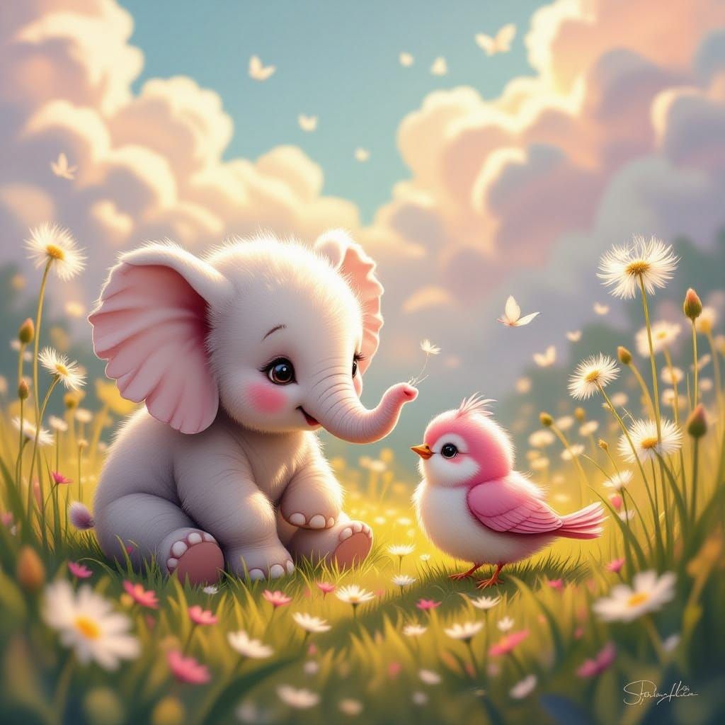 Whimsical Fantasy Scene of Baby Elephant and Bird in Puffy C...