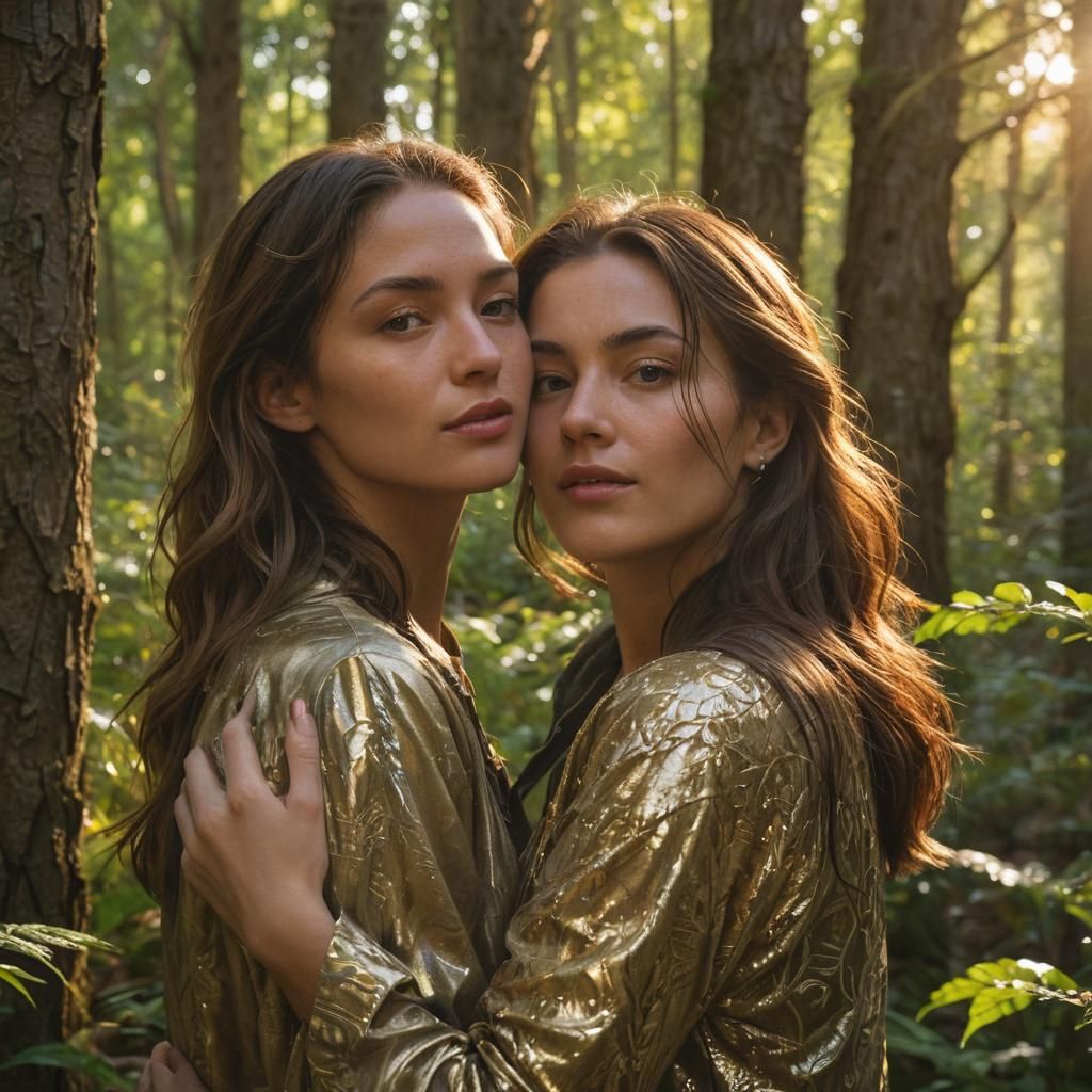 Women Hugging in Forest, Art Nouveau Portrait