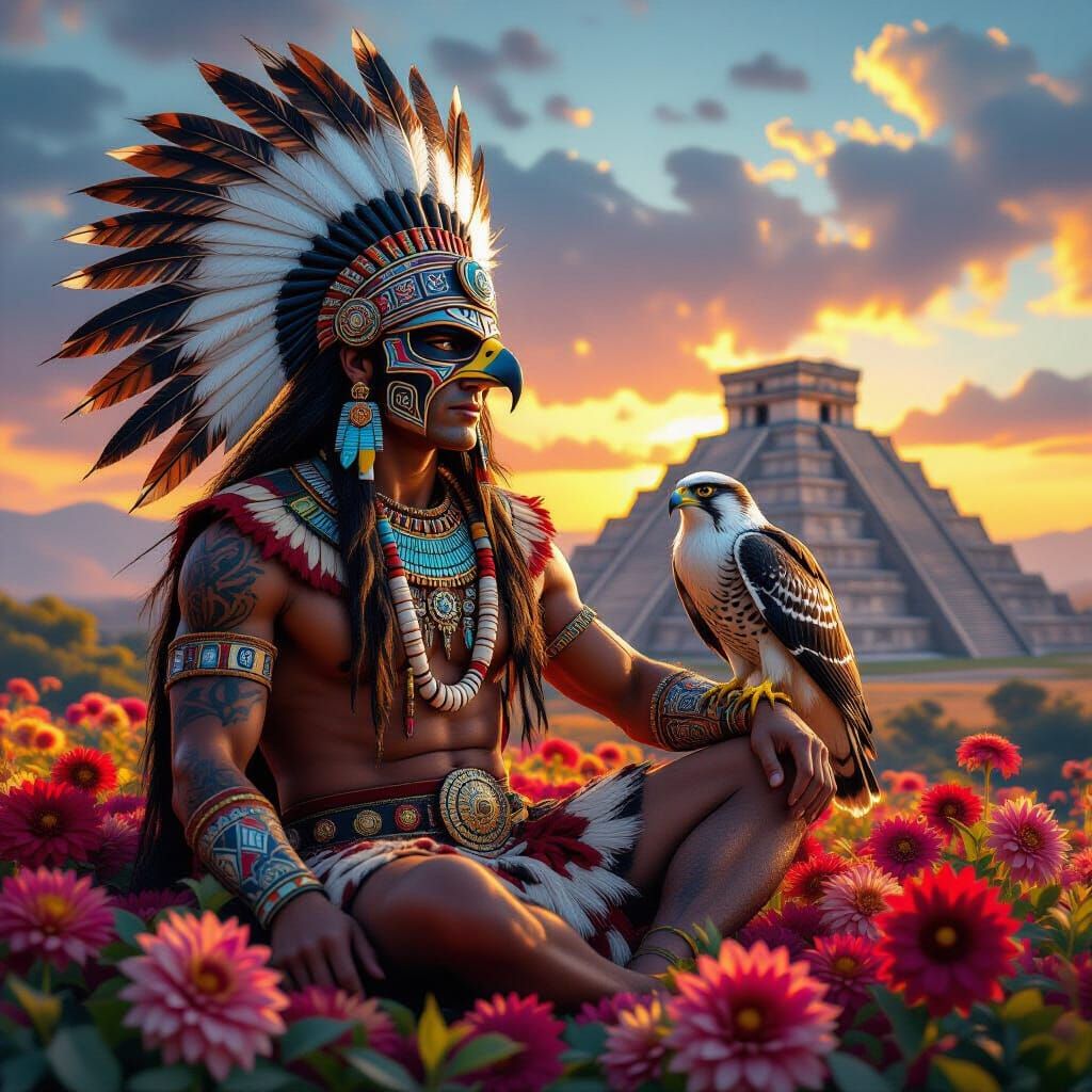 Shaman with Hawk Headdress and Aztec Pyramid at Sunset