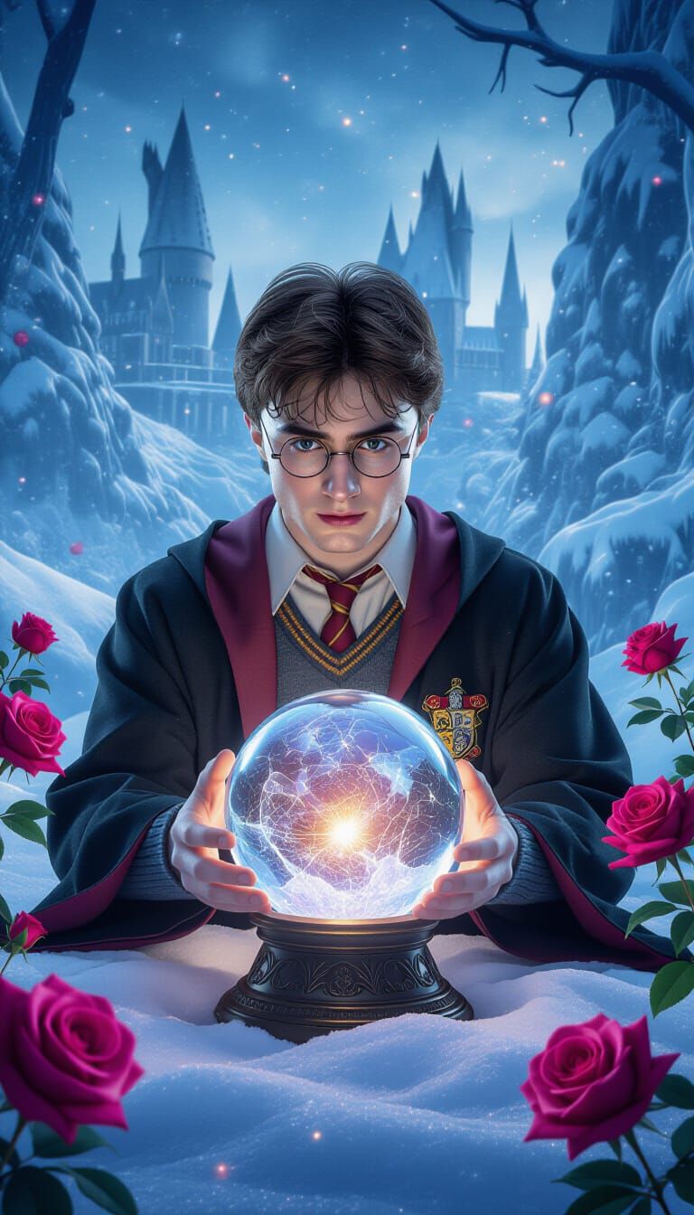 Harry Potter Gazing into Crystal Ball in Winter Landscape