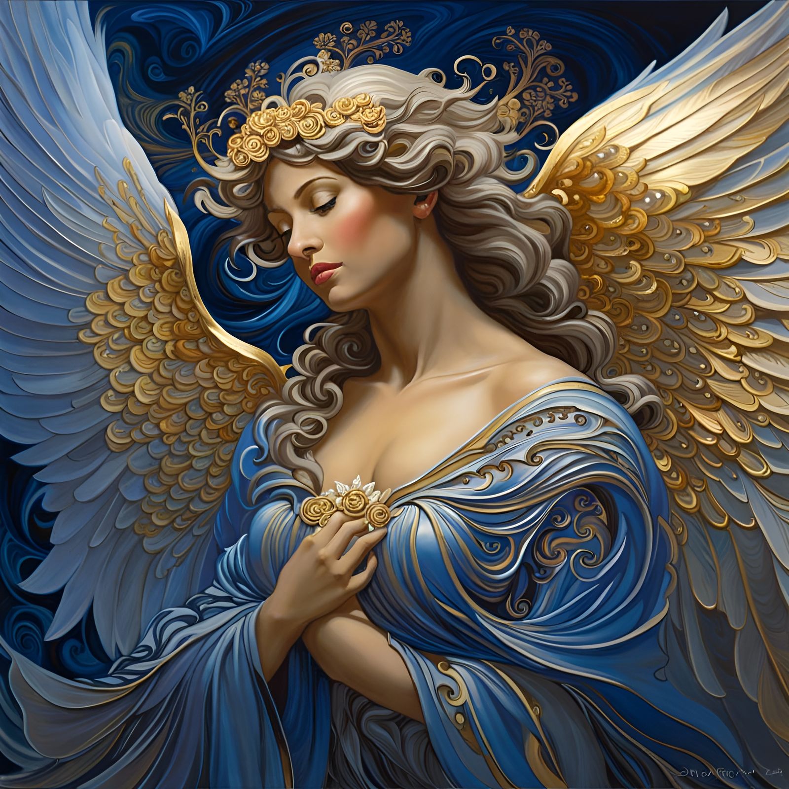 Elegant Angel with Feathery Wings on Silver and Gold Clouds
