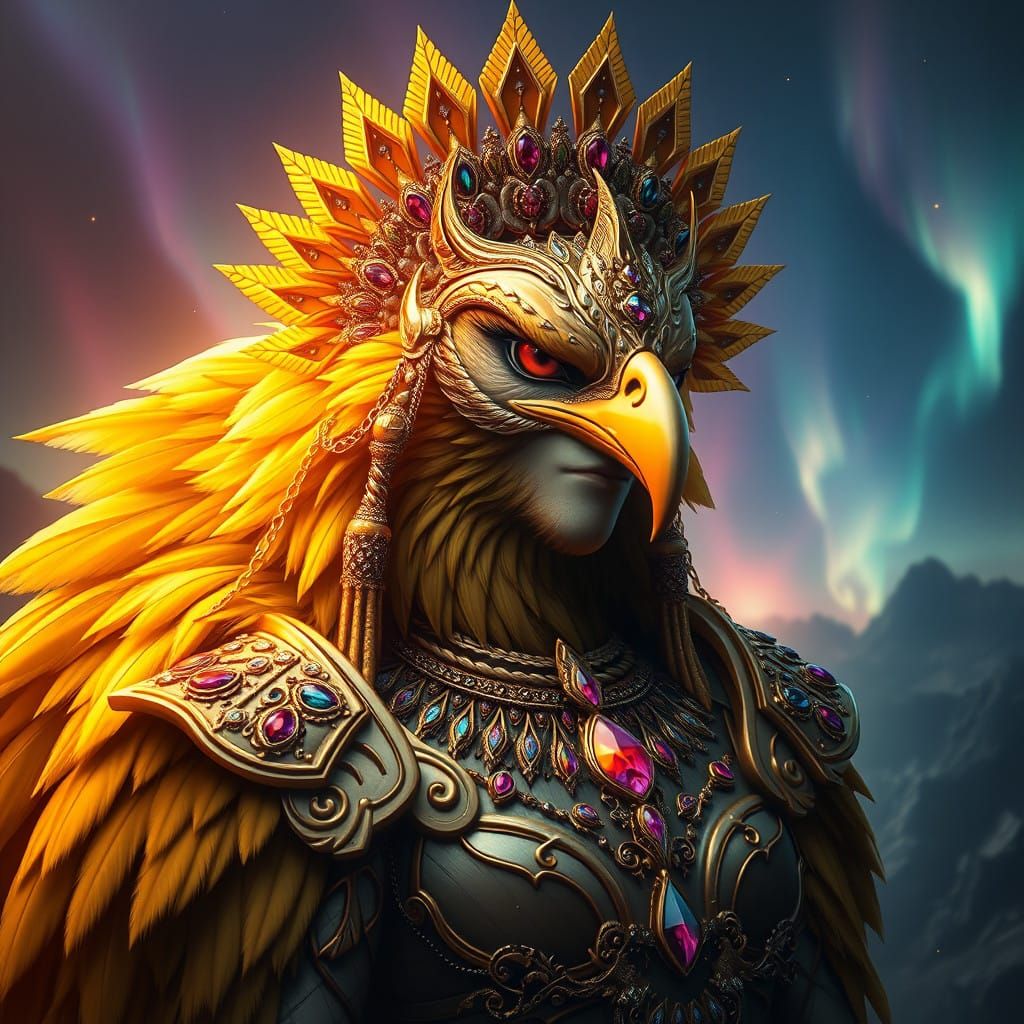 Golden Eagle Woman in Regal Headdress, Majestic Fantasy Port...