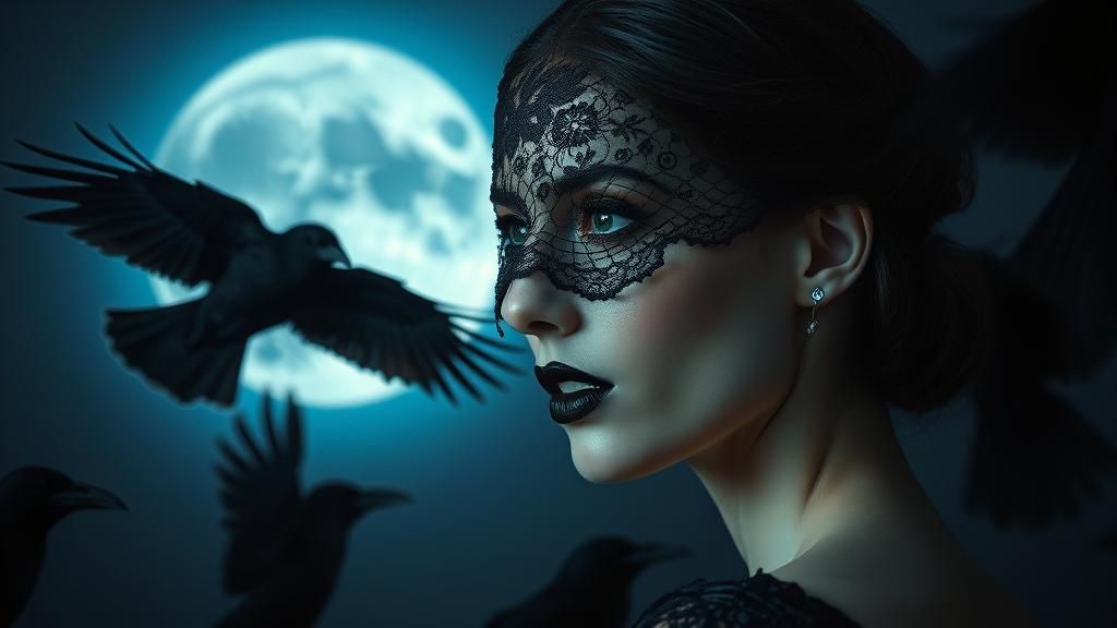 Ethereal Woman with Ravens in Moonlight