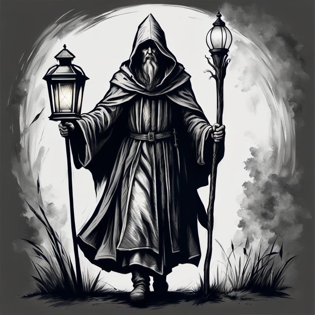 Medieval Pilgrim Walker with Lantern in Charcoal Style