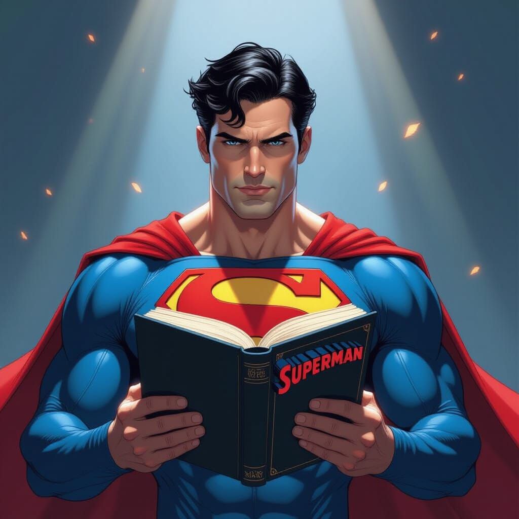 Superman Holds "Superman" Book in Epic Comic Art Style