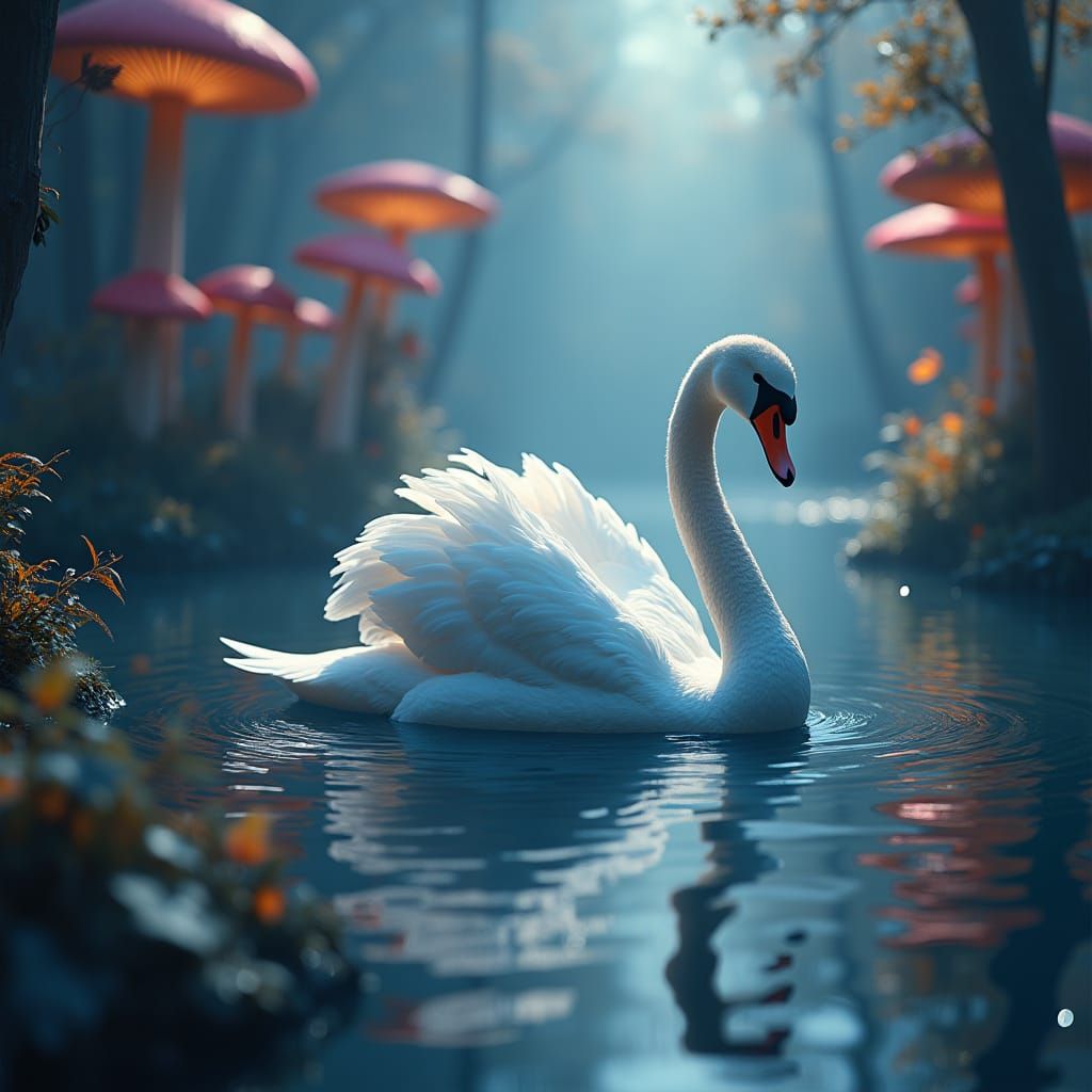 Majestic Swan on Iridescent Lake: 8k Matte Painting