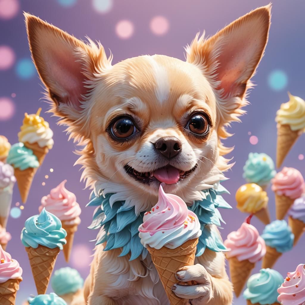 Vibrant Anime-Style Chihuahua Licks Ice Cream Cone with Deli...