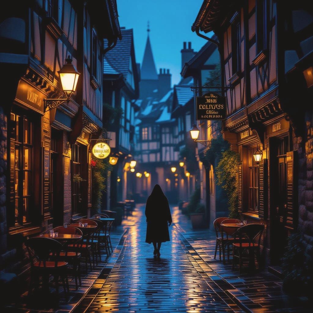Rainy Medieval Alley with Tavern Window