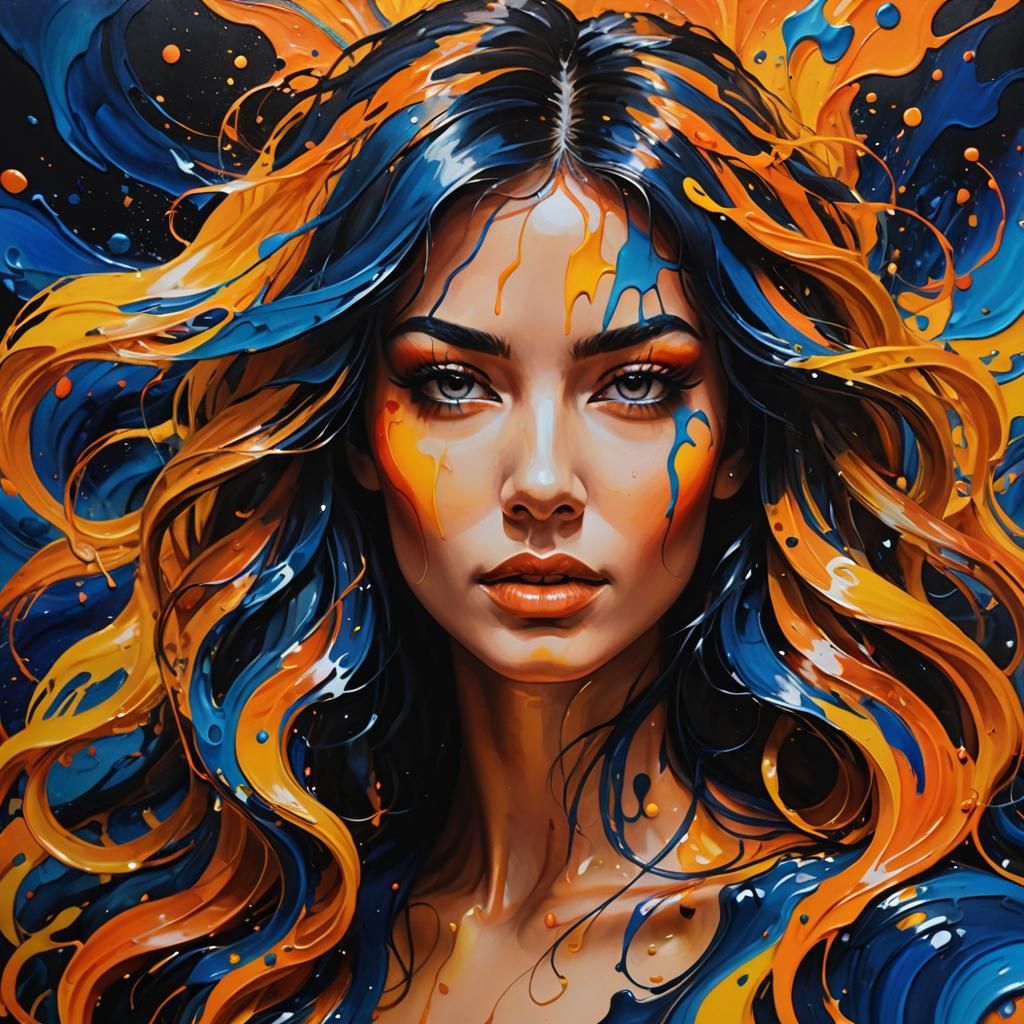 Acrylic liquid pouring painting of a beautiful girl, Fluidity