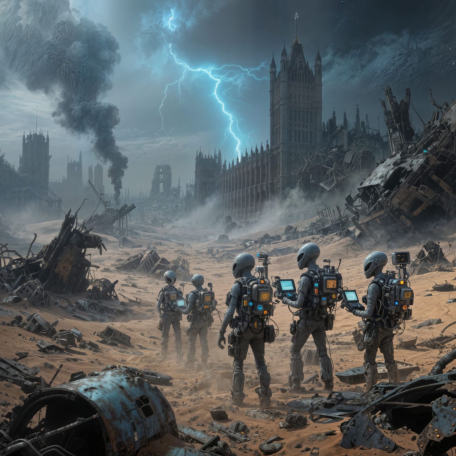 Alien Explorers Survey Ruined London Under Neon Skies