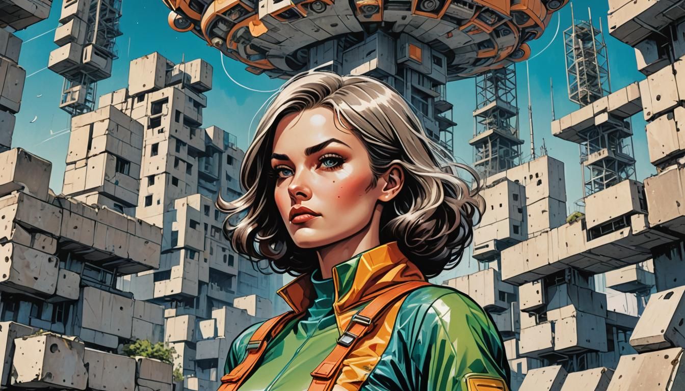 Retro-Futuristic Comic Book Cover with Levitating Heroine