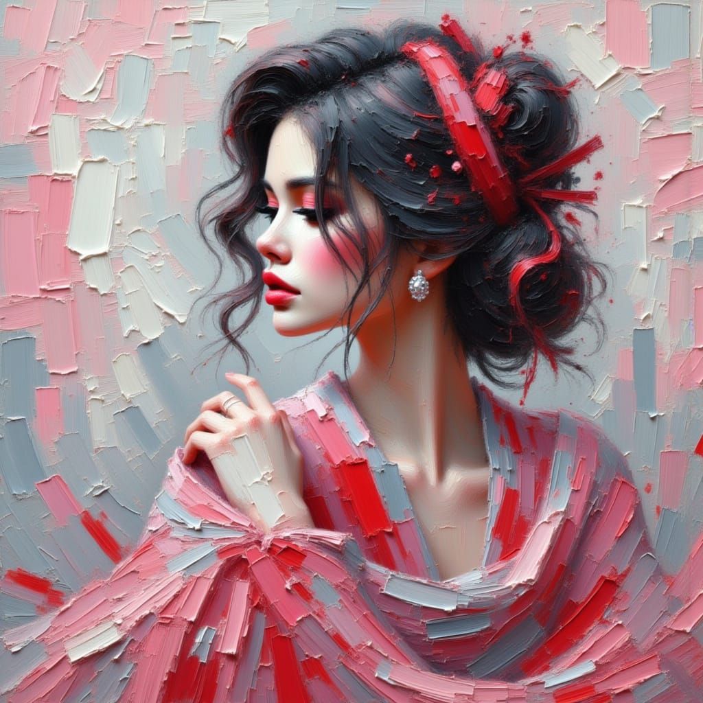 Ravishing Lady in Charcoal and Scarlet Impasto Style