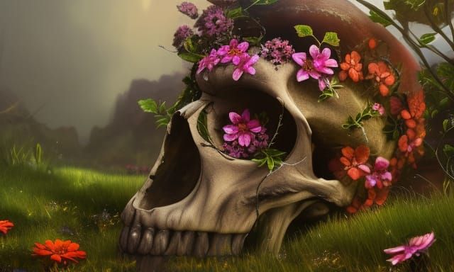 Detailed Skull with Flowers, Fantasy Concept Art