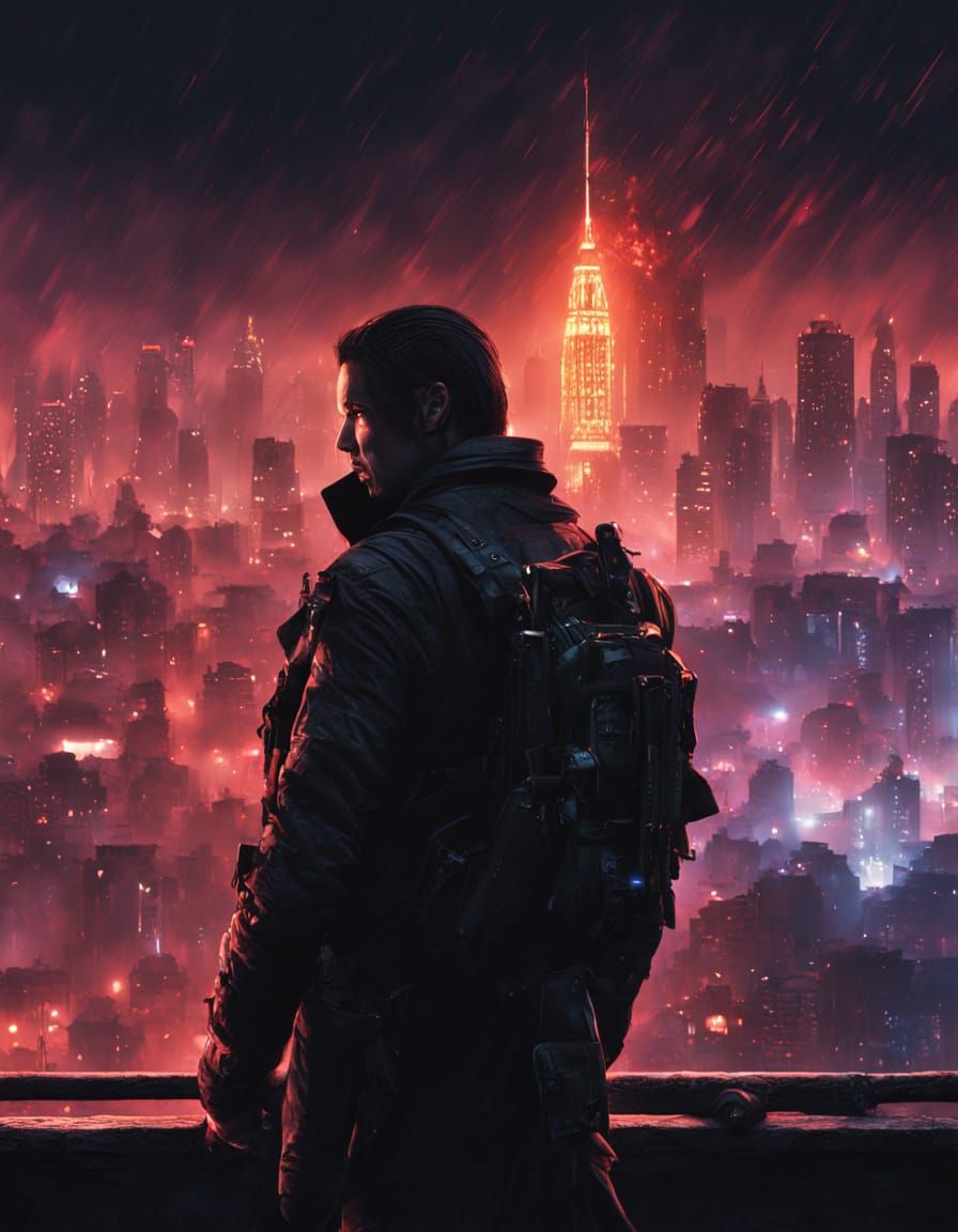 Gritty Assassin Rooftop Showdown in Neon-Lit City