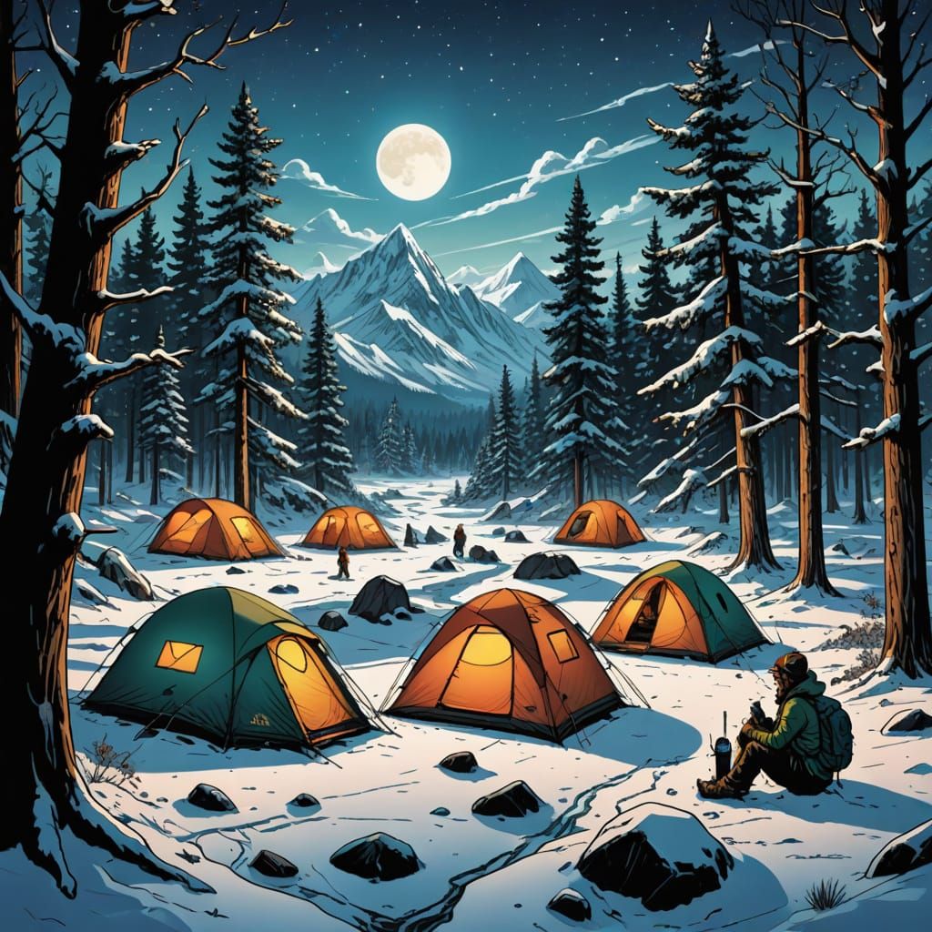 Winter Camping in Comic Book Style