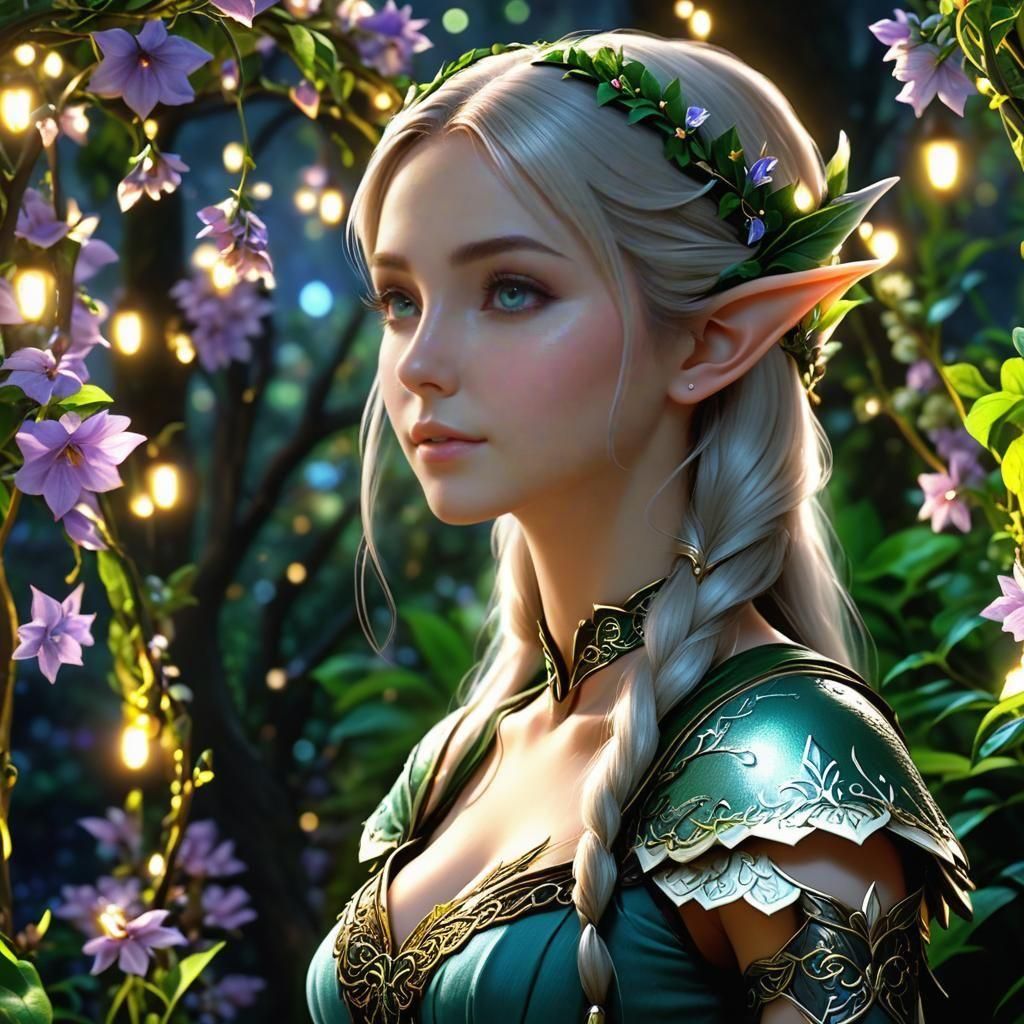 Beautiful elf overlooking an enchanted garden, perfect face, perfect elf ears, night, highly detailed, high quality, meg...