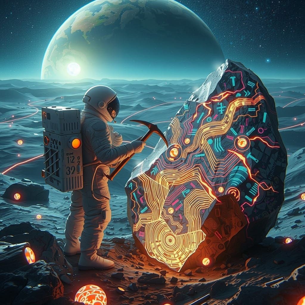 Synthwave Moon Rock Discovery on Lunar Horizon