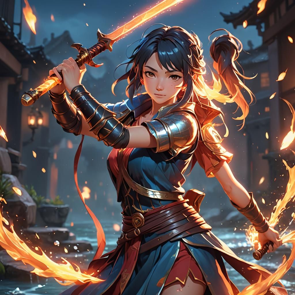 Anime Woman Wielding Fire and Water Swords