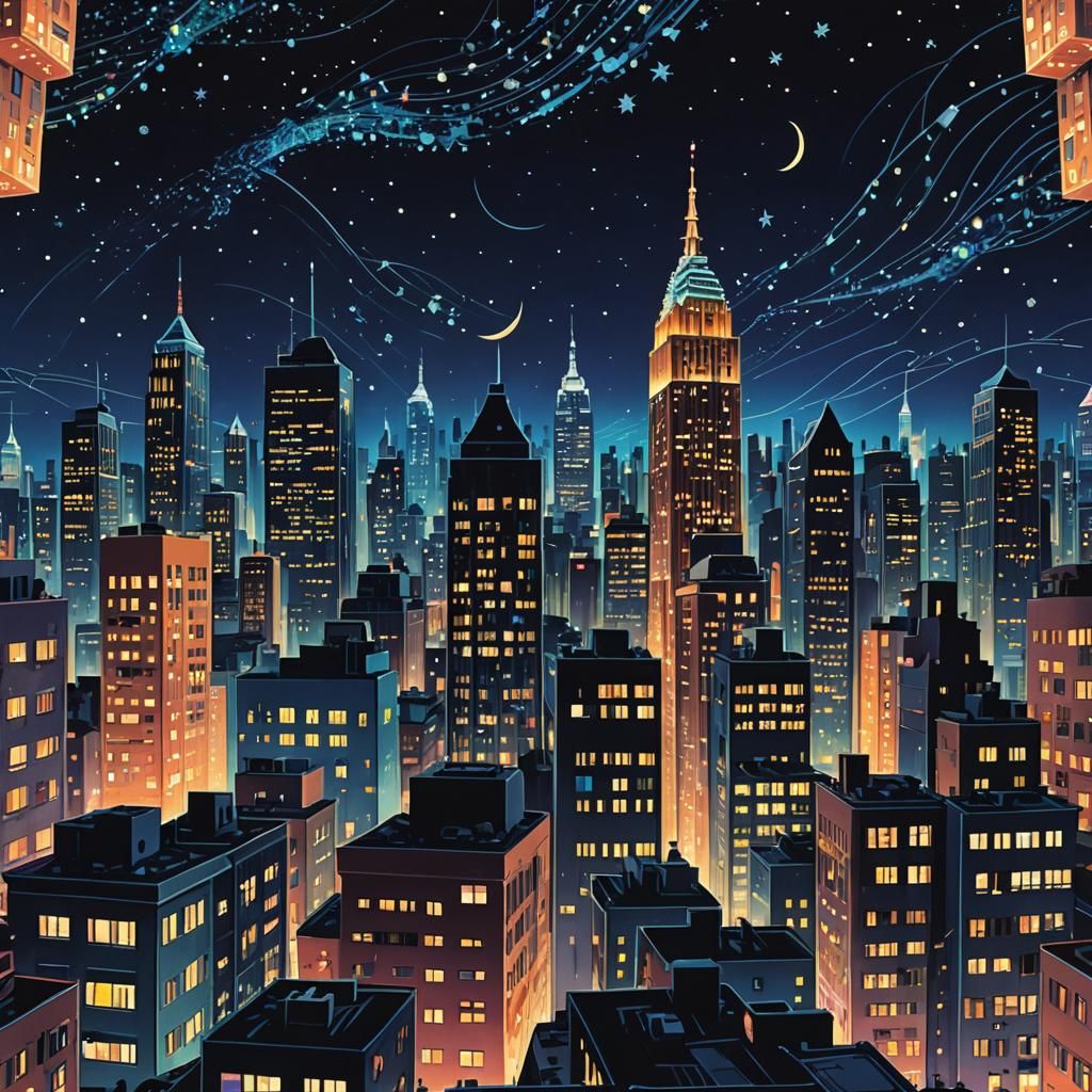 Musical Cityscape: Notes Form Buildings in Neon Night