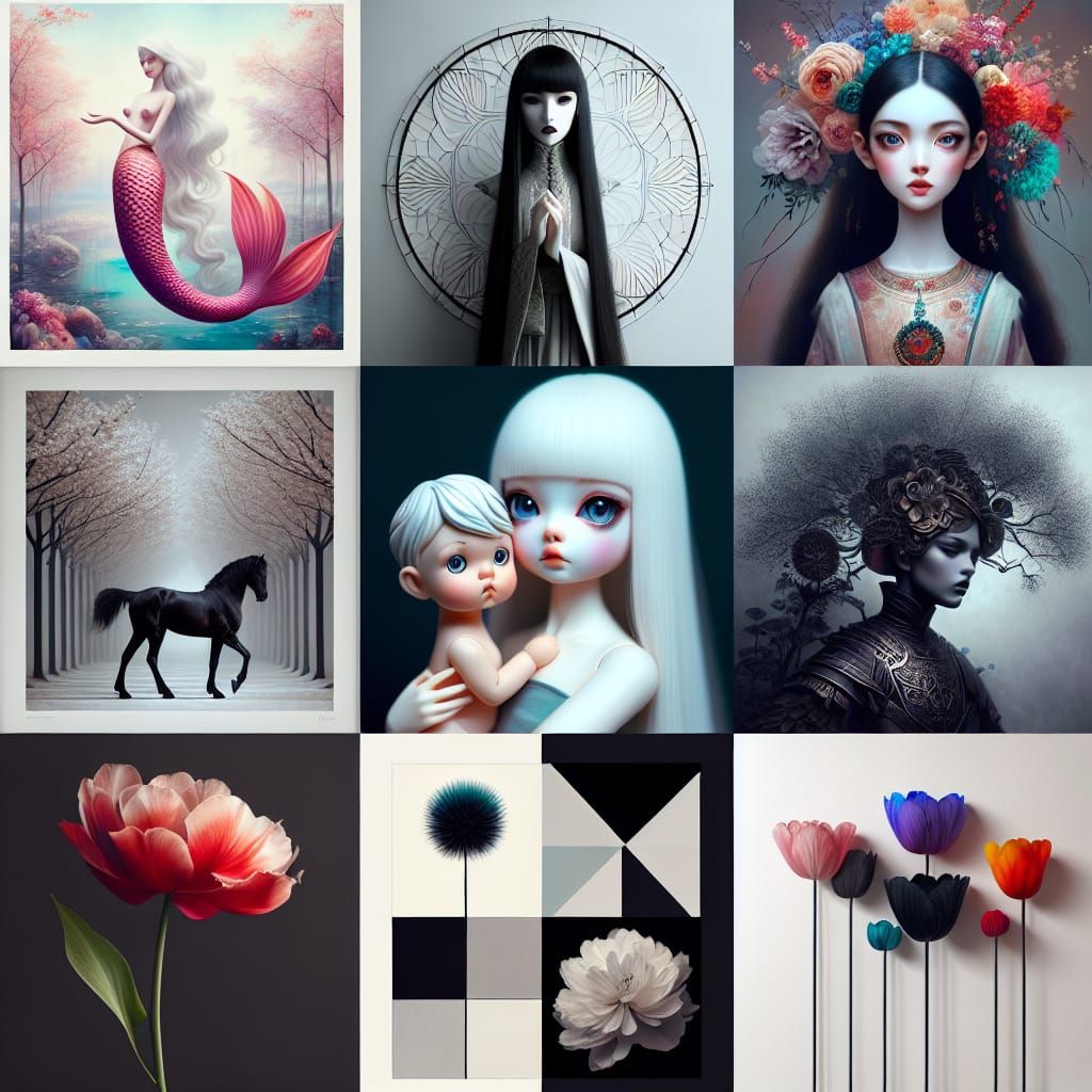 Ten Diverse Artworks Collage: Fantasy and Beauty