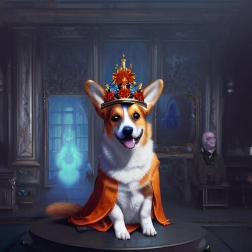 Corgi King in Haunted Mansion, Digital Art