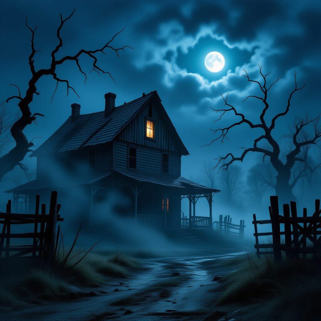 Eerie Haunted Farm at Twilight in Dark Atmospheric Style