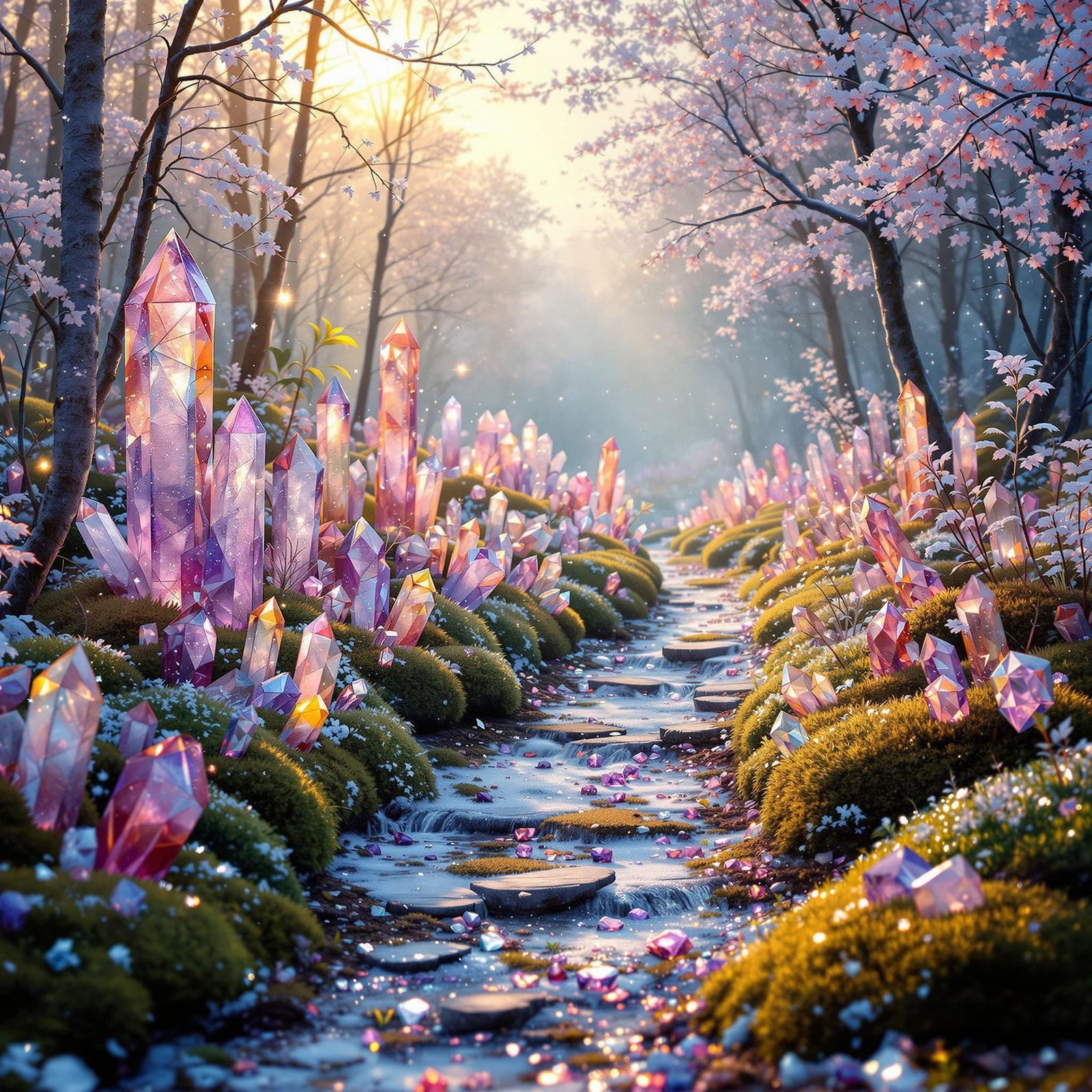 Whimsical Friesland Landscape with Crystals and Moss Pathway