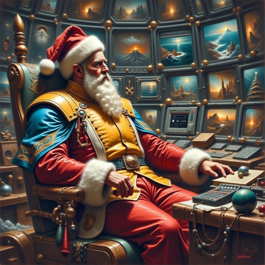 Futuristic Saint Nicholas Oversees Christmas Operations