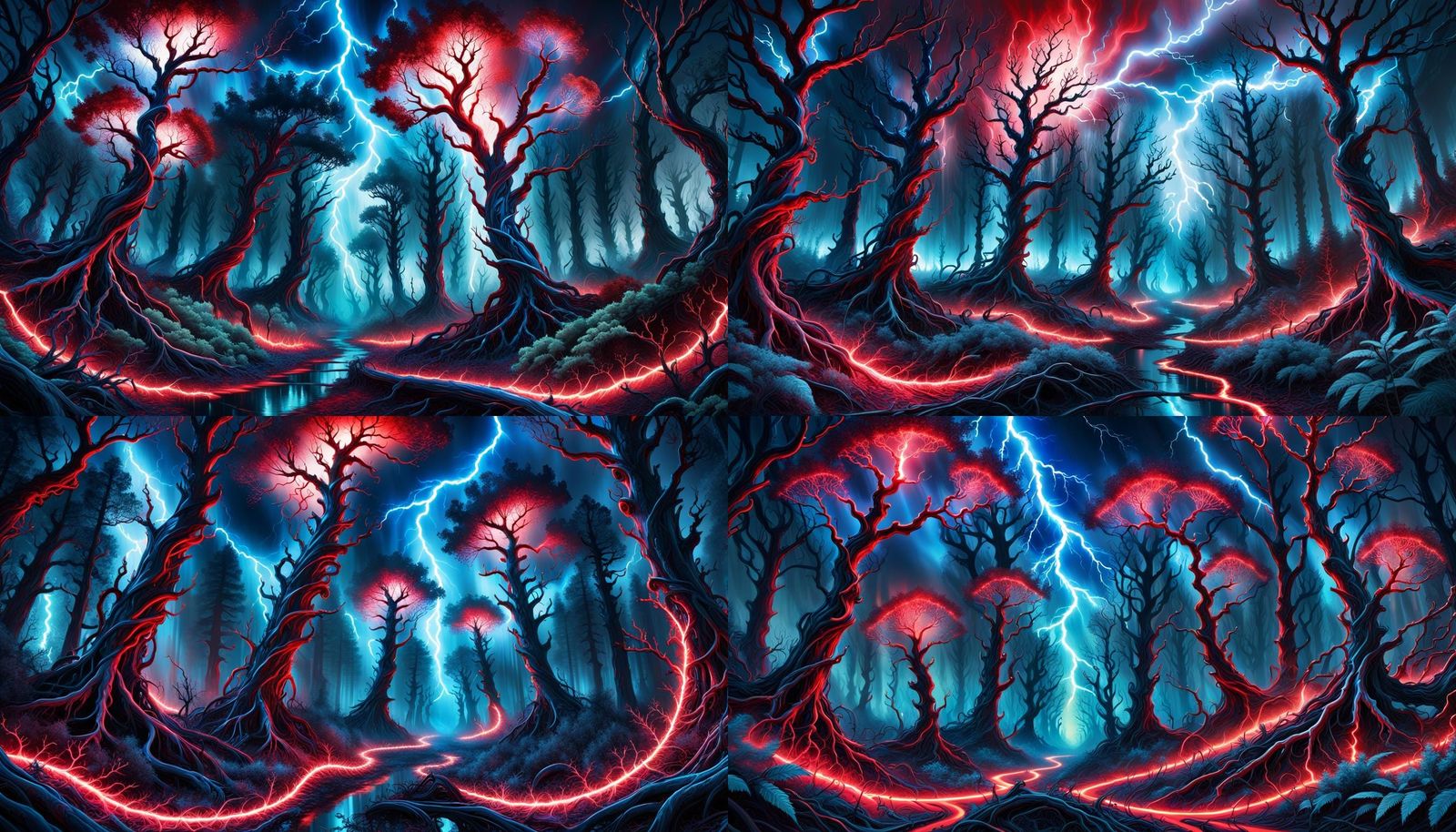 Dystopian nightmare of the mind. Old liquid metal forest landscape. Blue and Red. Trail of fluorescent electric lightnin...