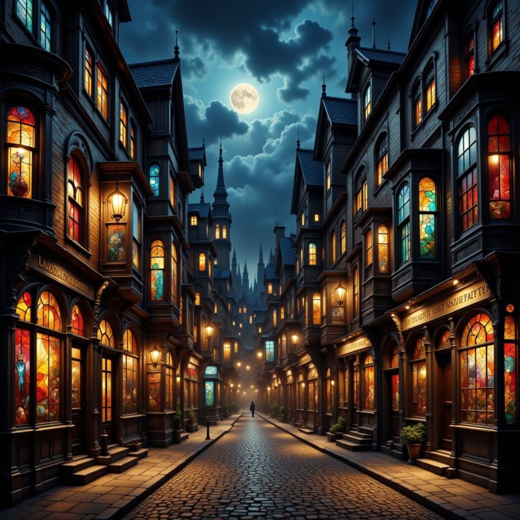 Victorian City Street at Night with Stained Glass