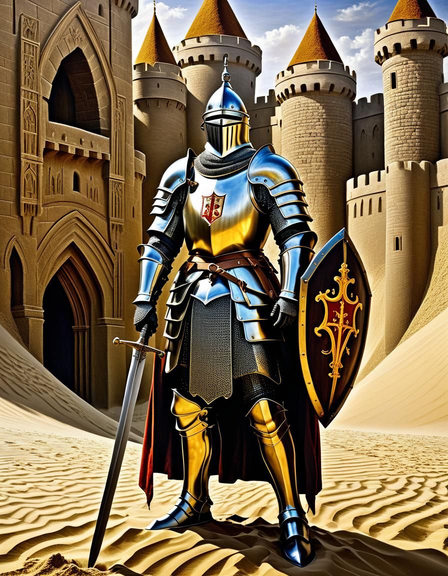 Medieval Knight in Sand Castle: Oil Painting