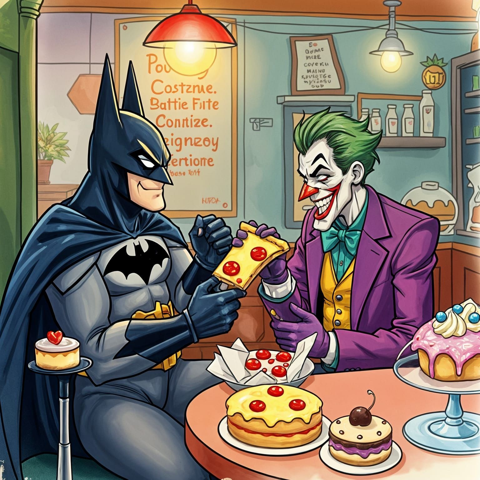 Batman and Joker Eat Pizza in Confectionery