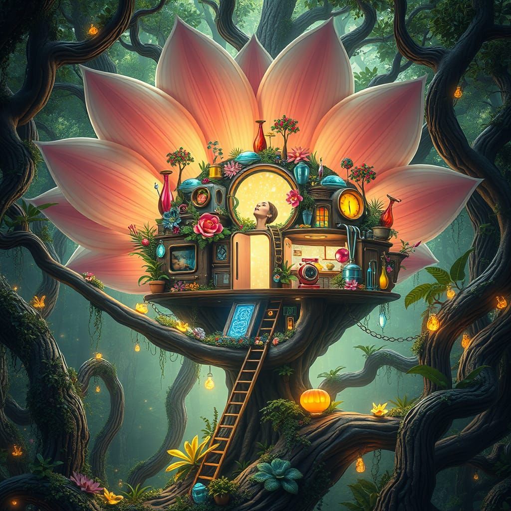Surreal Treehouse Blooms Within a Vibrant Flower