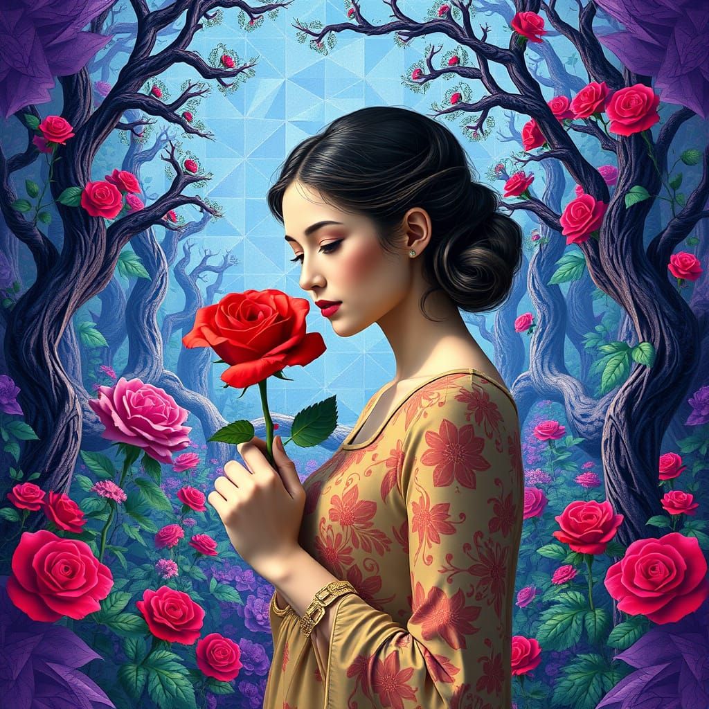 Mystical Woman with Rose in Escher-Inspired Garden