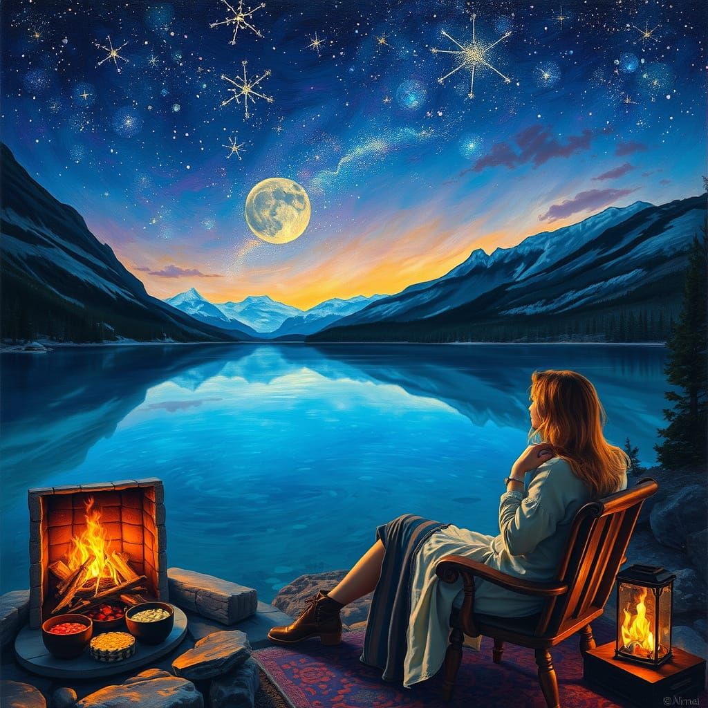 Starry Night Lake: Impressionistic Fantasy Art