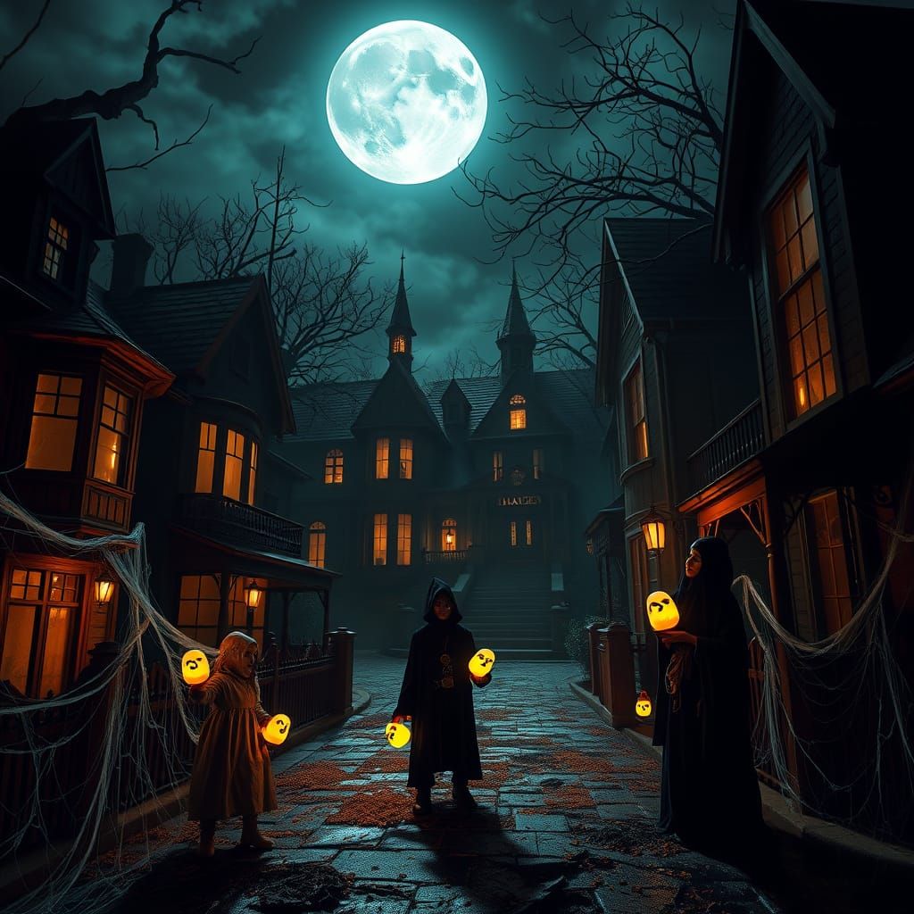 Eerie Halloween Night With Haunted Houses and Ghostly Candie...